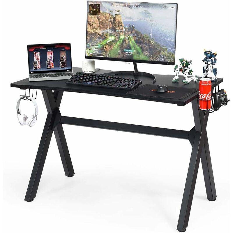 GOPLUS X-Förmiger Gaming Tisch, Computertisch mit Metallrahmen, Kabelloch,  PC Tisch mit Getränkehalter, Kopfhörerhalter, Gaming Schreibtisch für  Schlafzimmer & Büro
