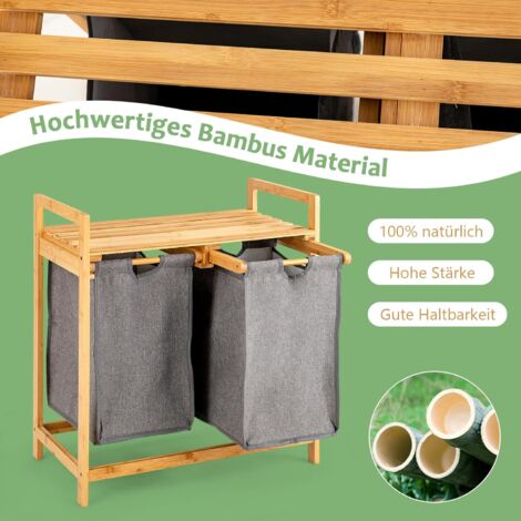 GOPLUS Wschekorb 2 Fcher, Bambus Wschesammler mit Ablage, Wschebox  Wschesack Wschesortierer ausziehbar und abnehmbar, 64 x 33 x 73 cm