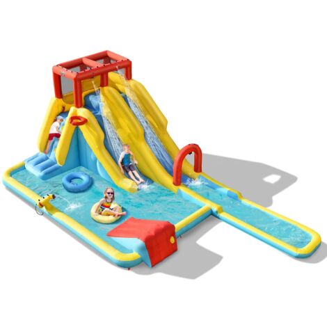 Dreamade Outdoor Spielzeug GOPLUS , Aufblasbare Kuppelschaukelhüppe Mit 6 Griffen Bis Zu 3 Kinder, 113kg Belastbar, Roll- & Hüpfball, Wippender Schaukelball Für Kinder Ab 5 Jahren (Gelb Blau Aufblasbare Kletterkuppel