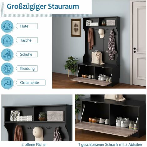 GOPLUS Garderobenständer mit Sitzfläche, Kleiderständer mit Ablage, 5 Haken, Garderobenschrank, Flurgarderobe Kompaktgarderobe für Eingang, Schlafzimmer, 100 x 40 x 160cm (Schwarz)