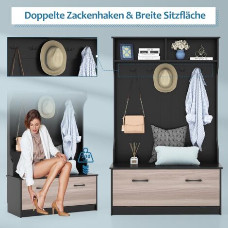 GOPLUS Garderobenständer mit Sitzfläche, Kleiderständer mit Ablage, 5 Haken, Garderobenschrank, Flurgarderobe Kompaktgarderobe für Eingang, Schlafzimmer, 100 x 40 x 160cm (Schwarz)