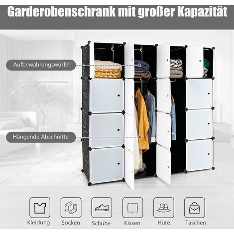 GOPLUS Kleiderschrank mit Türen, DIY Steckregal Regalsystem mit 16 Würfeln  & Hängestangen für Kleidung, Tragbares Aufbewahrungsregal