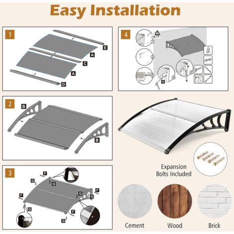 Produktbild von Vordach Für Überdachung Für Haustür - Pultbogenvordach Aus Aluminium Und Polycarbonat Transparent, 99% UV-Schutz Regenschutz Für Eingangstür (60x140cm/24x55 Haustür Vordach