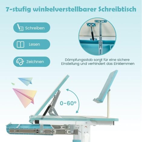 GOPLUS Kinderschreibtisch höhenverstellbar, Schülerschreibtisch mit Verstellbarer Tischplatte & Bücherständer, Jugendschreibtisch zum Schreiben, Lesen & Zeichnen, für 3-12 Jahre Kinder (Blau)