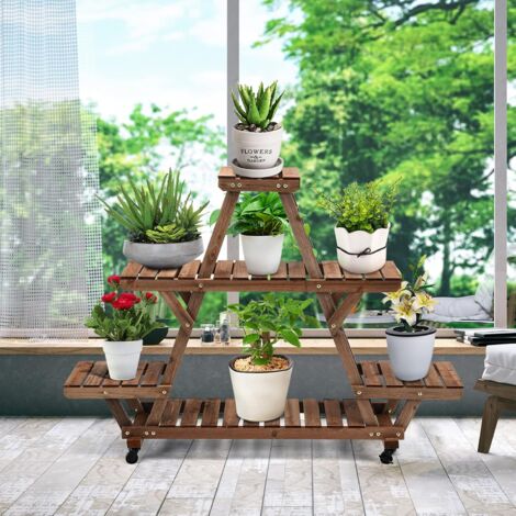 GOPLUS Blumenregal mit Rollen, Blumentreppe aus Massivholz