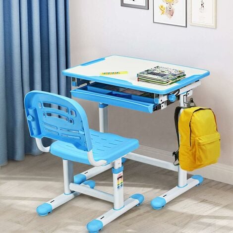 GOPLUS Kindertisch mit Stuhl, Kinderschreibtisch Hoehenverstellbar, Schülerschreibtisch Kindermoebel Neigungsverstellbar, Schreibtisch Kinder, Blau
