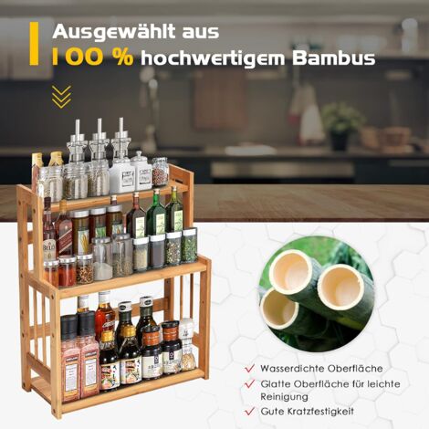 GOPLUS Gewürzregal mit 3 Etagen, Gewürzstaender aus Bambus, Küchen Organizer mit VerstellbarerAblage, Gewürzstaender für Ordnung in der Küche, für KücheBadezimmer Arbeitszimmer