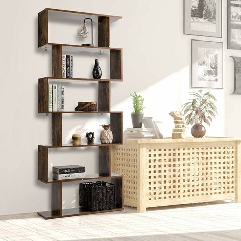 Gadroad Geometrisches Bücherregal – 6-stöckiges S-förmiges Regal Aus Holz, Schwarz, Für Wohnzimmer & Mehr