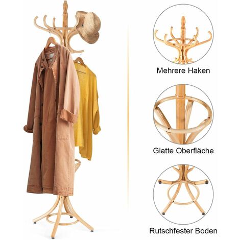 Garderobenständer Aus Holz – Natur, 8 Haken, Verstellbare Höhe, Einfach Montierbar