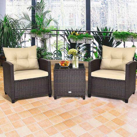 GOPLUS 3er Set Sitzgruppe, Rattan Gartenmoebel aus 1 Tisch & 2 Stühlen, Lounge Set mit Sitzkissen, Tischplatte aus Glas, für Balkon Garten