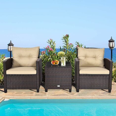 GOPLUS 3er Set Sitzgruppe, Rattan Gartenmoebel aus 1 Tisch & 2 Stühlen, Lounge Set mit Sitzkissen, Tischplatte aus Glas, für Balkon Garten