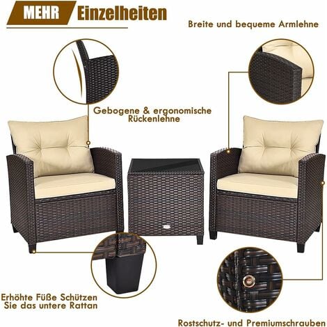 GOPLUS 3er Set Sitzgruppe, Rattan Gartenmoebel aus 1 Tisch & 2 Stühlen, Lounge Set mit Sitzkissen, Tischplatte aus Glas, für Balkon Garten