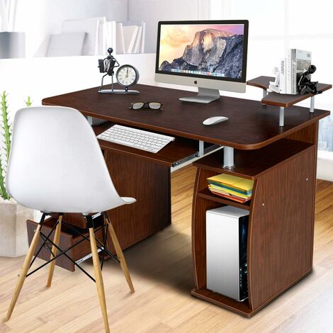 GOPLUS Computertisch, Schreibtisch Buerotisch mit Tastaturauszug, Arbeitstisch, PC-Tisch mit Schubladen, 120x55x85cm Braun