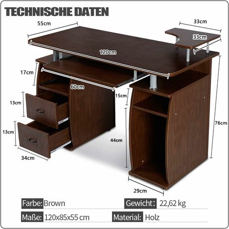 GOPLUS Computertisch, Schreibtisch Buerotisch mit Tastaturauszug, Arbeitstisch, PC-Tisch mit Schubladen, 120x55x85cm Braun