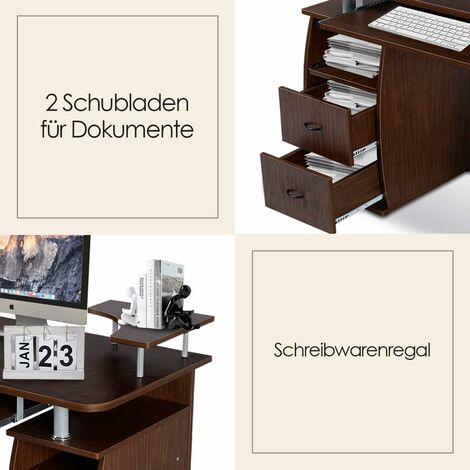 GOPLUS Computertisch, Schreibtisch Buerotisch mit Tastaturauszug, Arbeitstisch, PC-Tisch mit Schubladen, 120x55x85cm Braun