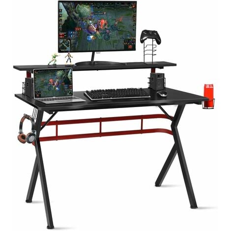 GOPLUS Gaming Schreibtisch, PC Schreibtisch aus Metall & MDF, mit Ablage,  Headset- & Getraenkehalter, Gamepad Halter