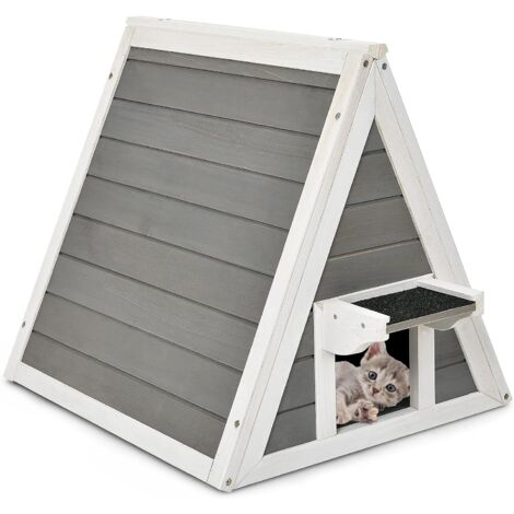 GOPLUS Katzenhaus mit Tür, Wetterfeste Katzenhoehle aus Tannenholz, Multifunktionale Haustierhütte für Katzen & Hunde & Hasen & Hühner, mit Tragkraft 20 kg, für Drinnen & Draussen