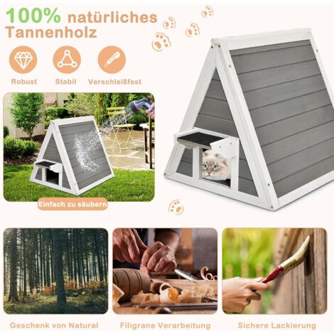 GOPLUS Katzenhaus mit Tür, Wetterfeste Katzenhoehle aus Tannenholz, Multifunktionale Haustierhütte für Katzen & Hunde & Hasen & Hühner, mit Tragkraft 20 kg, für Drinnen & Draussen