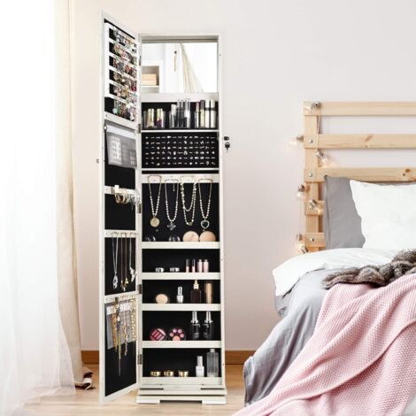 GOPLUS Schmuckschrank Mit Spiegel – Freistehend, Abschließbar, Viel Stauraum Für Schmuck & Kosmetik, Weiß