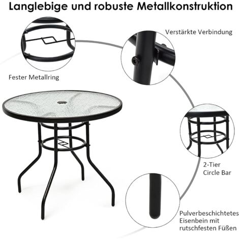 GOPLUS Runder Glastisch, Beistelltisch mit Schirmloch, Eisenbeinen