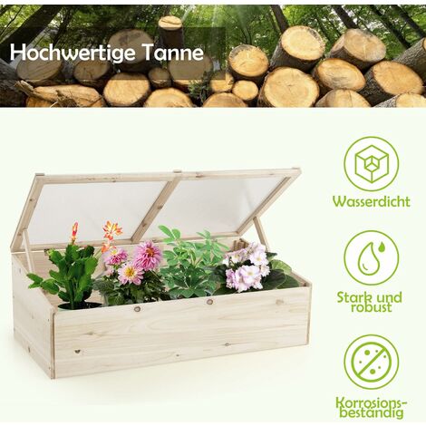 GOPLUS Hochbeet, Gartenbeet mit Transparenter PVC-Abdeckung, 100 x 50 x  36-64 cm, Natürliches Tannenholz,