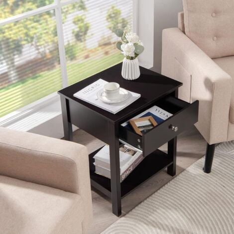 GOPLUS Beistelltisch, Nachttisch mit Schublade, Geraeumiges Oberteil, Offene Untere Ablage, Dickere Beine, Ergonomischer Griff, Sofatisch Couchtisch für Wohnzimmer & Arbeitszimmer (Schwarz)