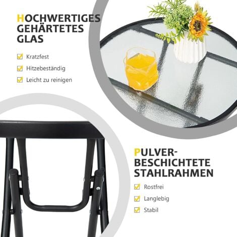 GOPLUS Terrassen-Beistelltisch Glas, Kleiner Beistelltisch mit Metallrahmen, Bistrotisch für Terrasse, Balkon, Garten (46 x 47 cm(φ x H))
