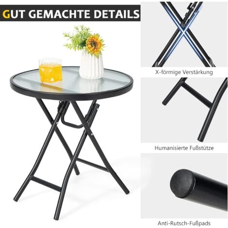 GOPLUS Terrassen-Beistelltisch Glas, Kleiner Beistelltisch mit Metallrahmen, Bistrotisch für Terrasse, Balkon, Garten (46 x 47 cm(φ x H))