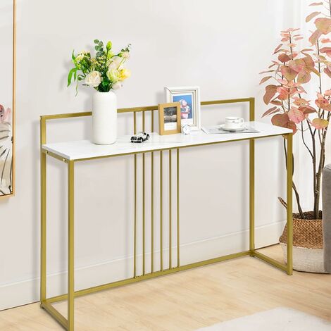 FANTASK Konsolentisch Marmor Optik,110 X 30 X 80 Cm, Flurtisch Mit Geometrischem Metallrahmen, Eingangstisch Schmal Fuer Wohnzimmer, Flur, Eingang (gold + Weiss) 4929811141