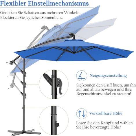 300 cm Ampelschirm mit 40 Solar-LED-Leuchten & Sandsäcke & Kurbel & UV-Schutz Sonnenschirm Blau