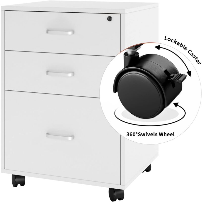 SONGMICS Lot De 2 Caissons De Bureau 3 Tiroirs – Mobile Avec Roulettes, Serrure Et Barre Dossiers Suspendus, Blanc