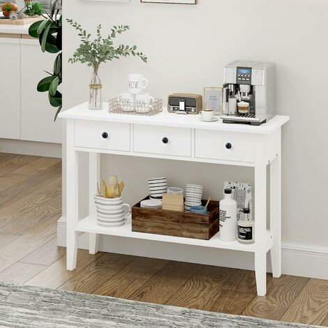 Soges Table console 100CM avec étagères ouvertes Table console à 2 niveaux avec 3 tiroirs petite coiffeuse table à bouche étroite adaptée à l'entrée du couloir du salon, blanc