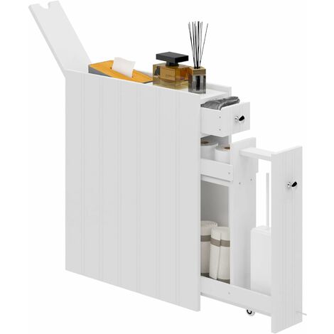 Soges – Meuble de rangement salle de bain sur roulettes – 2 tiroirs – 2 étagères – Porte coulissante – Dimensions 14 x 50 x 58 cm – Extérieur blanc brillant - PIED 14 X (1/5)