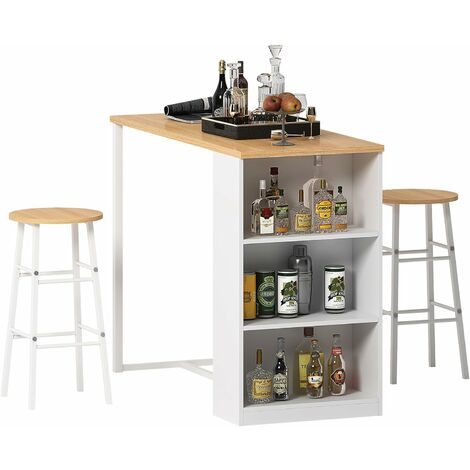 Soges – Table de bar 120x55x100 cm avec 3 étagères et 2 tabourets hauts – Bois MDF teck et blanc – Pour cuisine et salle à manger
