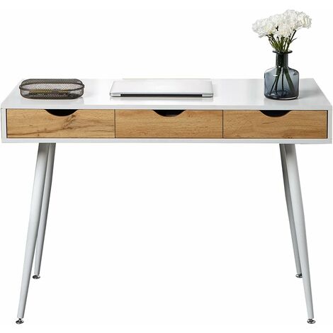 Soges Bureau avec 3 tiroirs, table d'ordinateur avec 4 pieds en métal, blanc, 110 x 50 x 78 cm