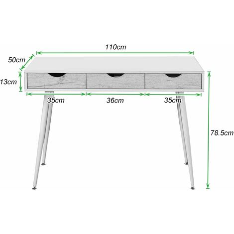 Soges Bureau avec 3 tiroirs, table d'ordinateur avec 4 pieds en métal, blanc, 110 x 50 x 78 cm