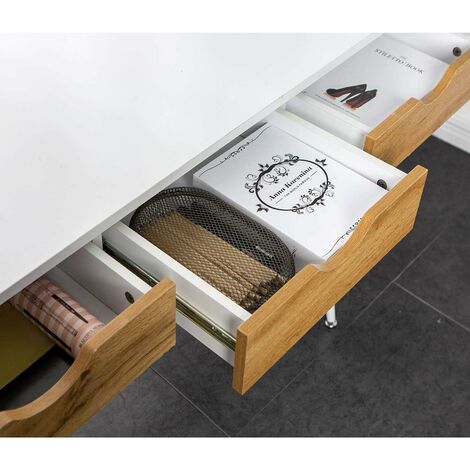 Soges Bureau avec 3 tiroirs, table d'ordinateur avec 4 pieds en métal, blanc, 110 x 50 x 78 cm