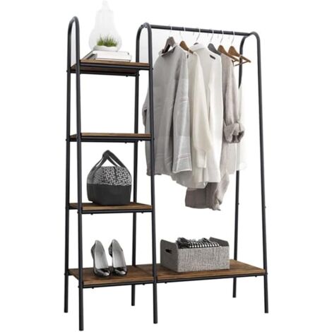 Soges – Porte-manteau portant à vêtements en bois et métal – 4 étagères de rangement – Dimensions 100 x 40 x 150 cm – Marron rustique (1/5)
