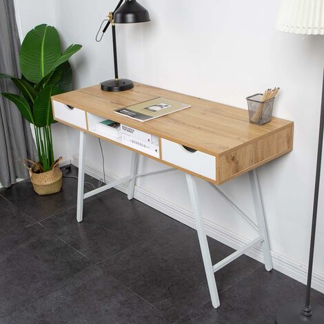 Soges – Bureau droit avec 2 tiroirs – Panneau MDF et cadre métal blanc – Dimensions 120 x 48 x 76 cm – Grand espace de rangement (1/5)