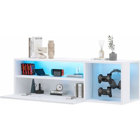 Soges – Meuble TV mural flottant blanc avec 3 compartiments de rangement – Lumières LED intégrées – Design moderne pour salon (1/5)