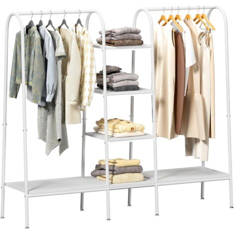 Soges Porte-Manteau Portant à vêtements en Bois et Métal, avec 4 Etagères de Rangement, Gain de Place, pour Chambre, Entrée, Bureau, 100 x 40 x 150cm, Blanc