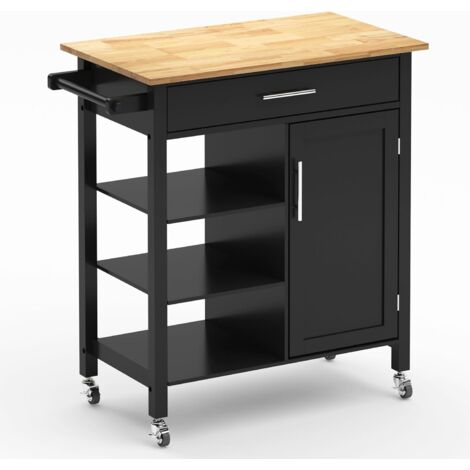 Soges – Desserte de cuisine îlot amovible avec grands tiroirs – 3 étagères réglables – Matériau faux bois d'hévéa – Dimensions 80 x 47 x 116 cm