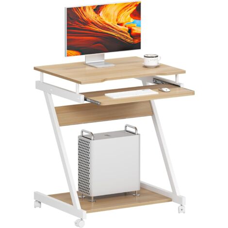 Soges – Bureau d'ordinateur avec roulettes – Plateau de clavier et étagère de rangement – Dimensions 60x48x73 cm – Érable blanc – Design en Z