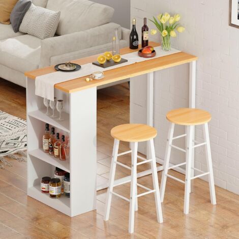 Soges Ensemble table de bar, table à manger et 2 chaises, table de cuisine avec 3 compartiments de rangement, console, 91 x 49,5 x 91 cm, teck blanc