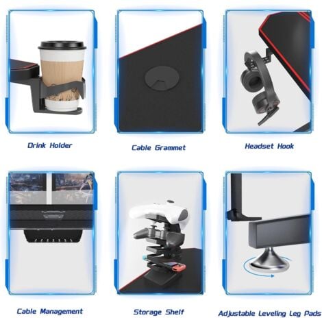 Todeco Bureau Gaming LED 140 X 60cm, Grande Bureau Gamer Avec Plateau