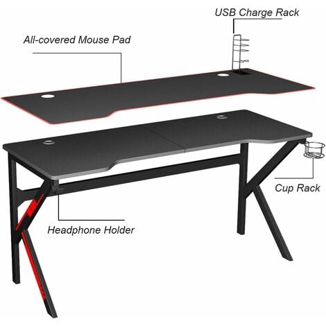 Soges Bureau Gaming 160cm Informatique Ordinateur Gamer Pro Bureau de Jeu Table avec Tapis de Souris à Couverture complète Noir