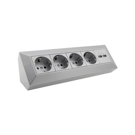 4-fach Steckdosenblock + 2x USB, silber, ideal für Arbeitsplatten