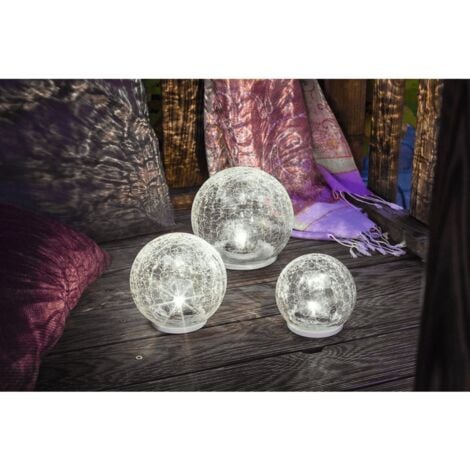 Solarleuchte Glaskugel 3er Set mit Krakelee Glas Bruchglas Optik hellweiße LED Solarlampe 10,12 und 15 cm, esotec 102082