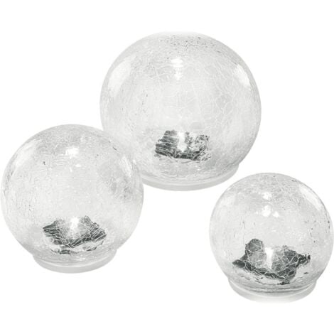 Solarleuchte Glaskugel 3er Set mit Krakelee Glas Bruchglas Optik hellweiße LED Solarlampe 10,12 und 15 cm, esotec 102082
