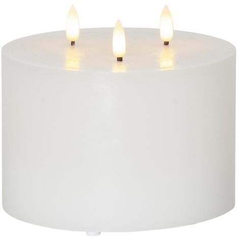 Große LED Blockkerze ,Flamme' mit 3 Flammen, weiß, Batterie + Timer, warmweiß flackernd, H 13cm, Ø 15 cm